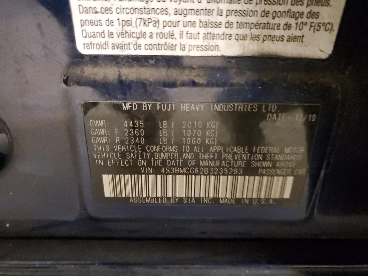 2011 Subaru Legacy 2.5I Premium VIN: 4S3BMCG62B3235283 Lot: 85747374