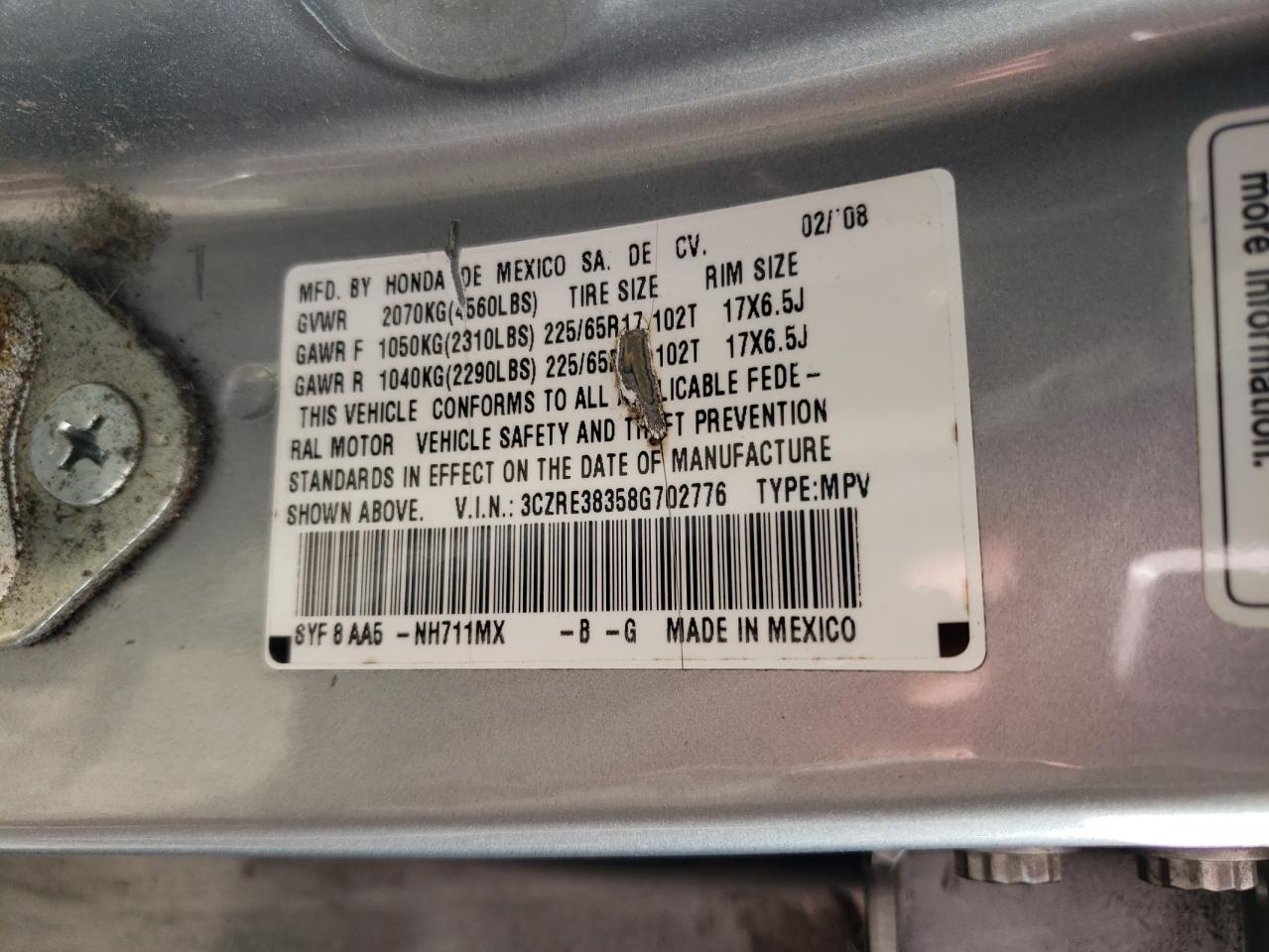 2008 Honda Cr-V Lx VIN: 3CZRE38358G702776 Lot: 86530814