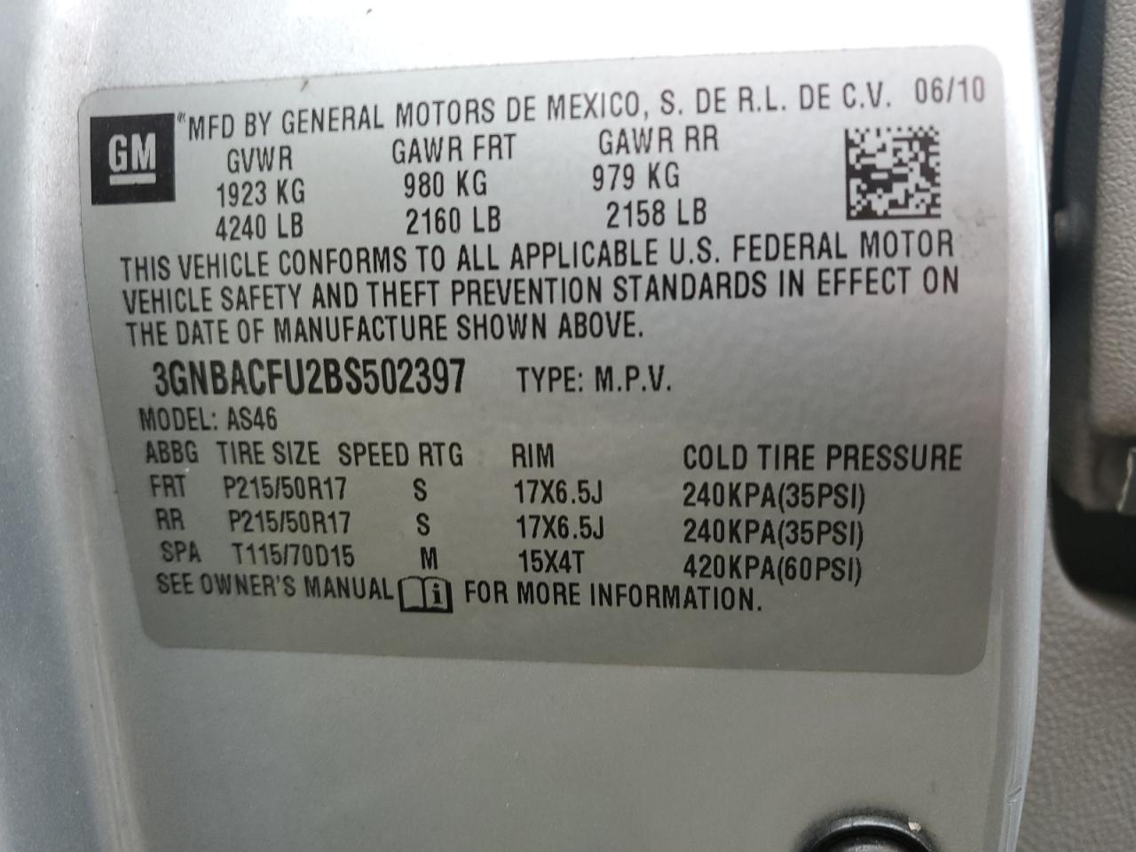 2011 Chevrolet Hhr Lt VIN: 3GNBACFU2BS502397 Lot: 84800164