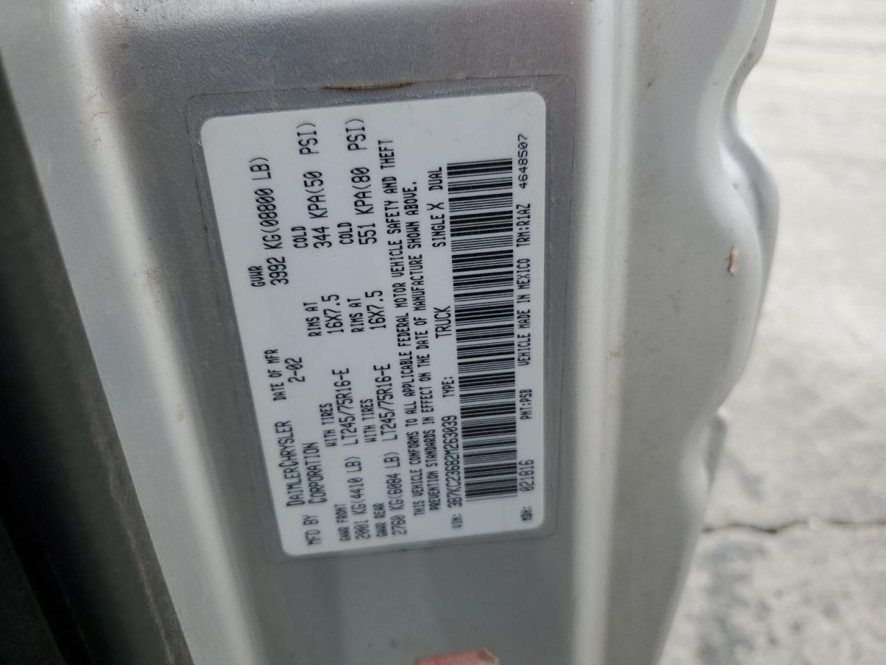 2002 Dodge Ram 2500 VIN: 3B7KC23682M263039 Lot: 84555524