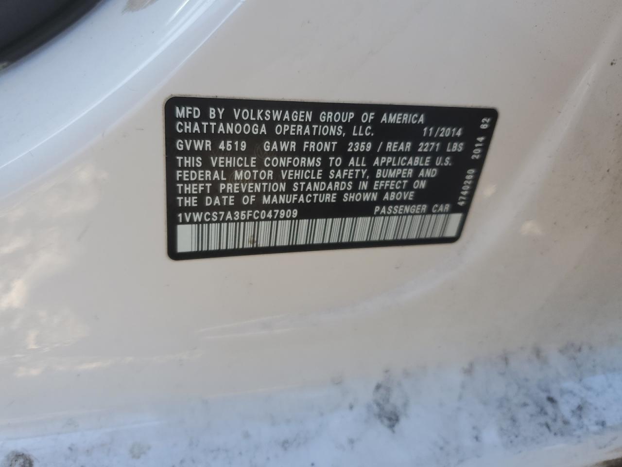 2015 Volkswagen Passat Sel VIN: 1VWCS7A35FC047909 Lot: 82879034