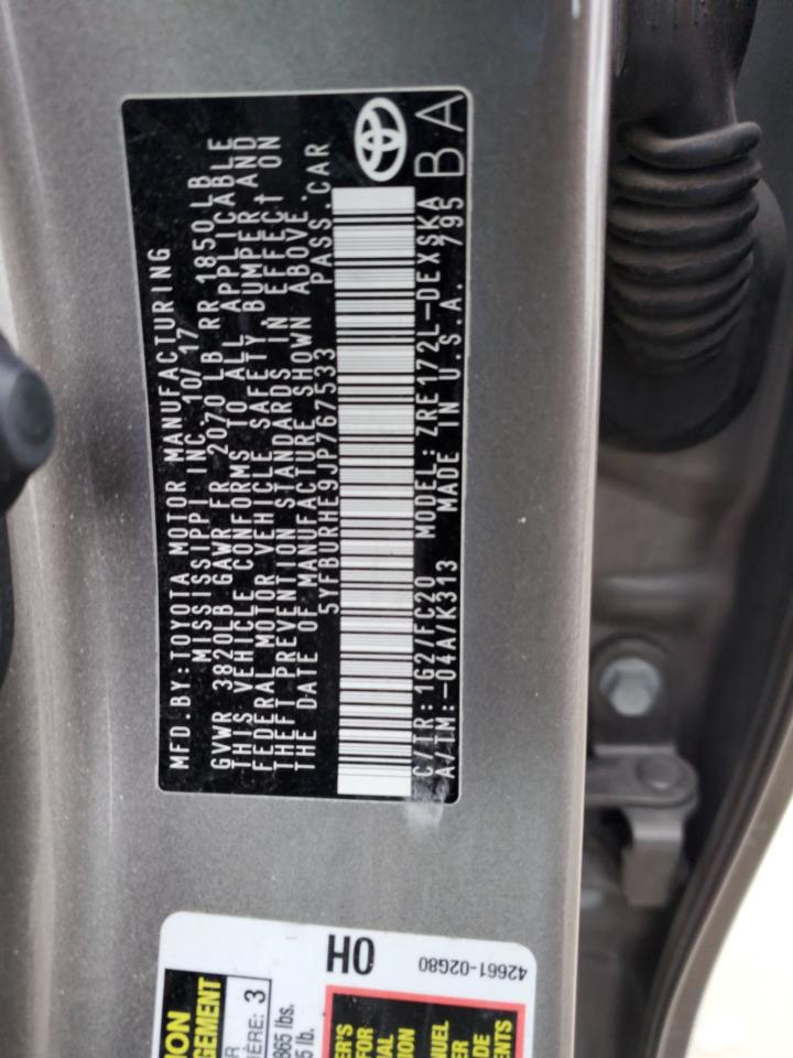 5YFBURHE9JP767533 TOYOTA COROLLA 2018