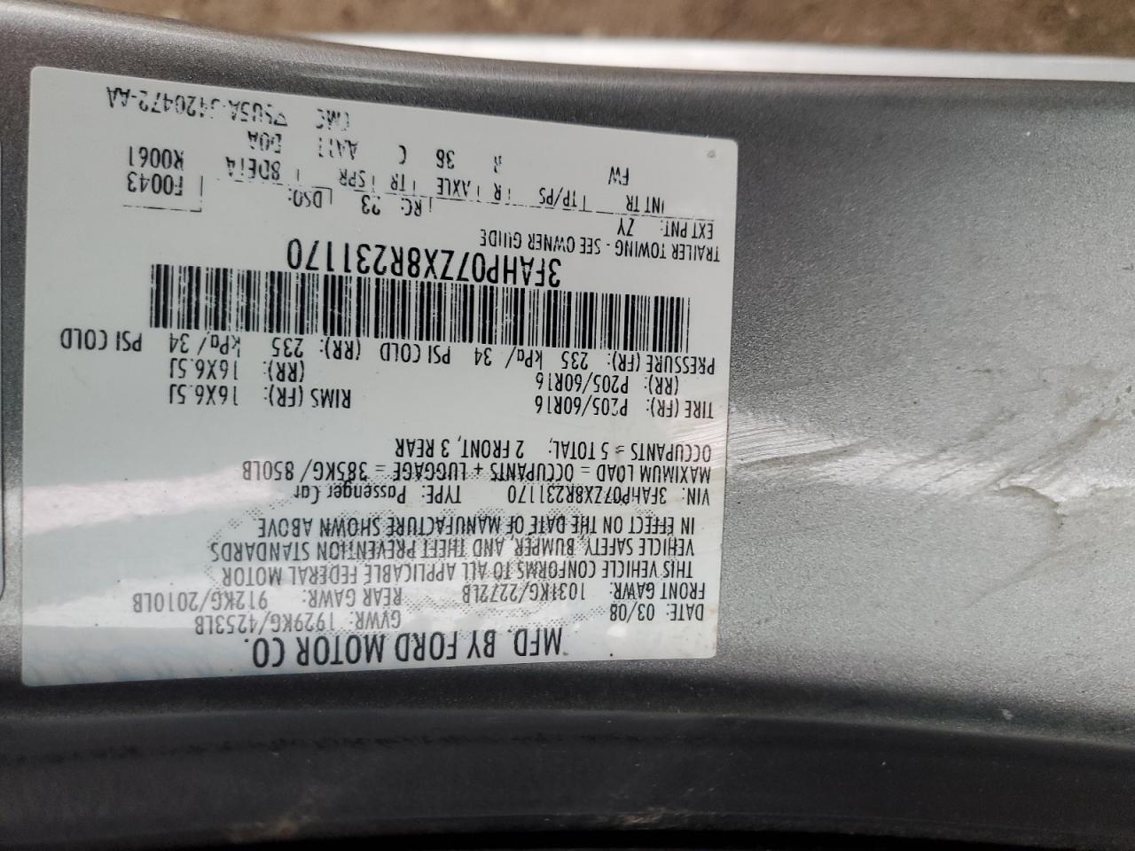 2008 Ford Fusion Se VIN: 3FAHP07ZX8R231170 Lot: 86348214