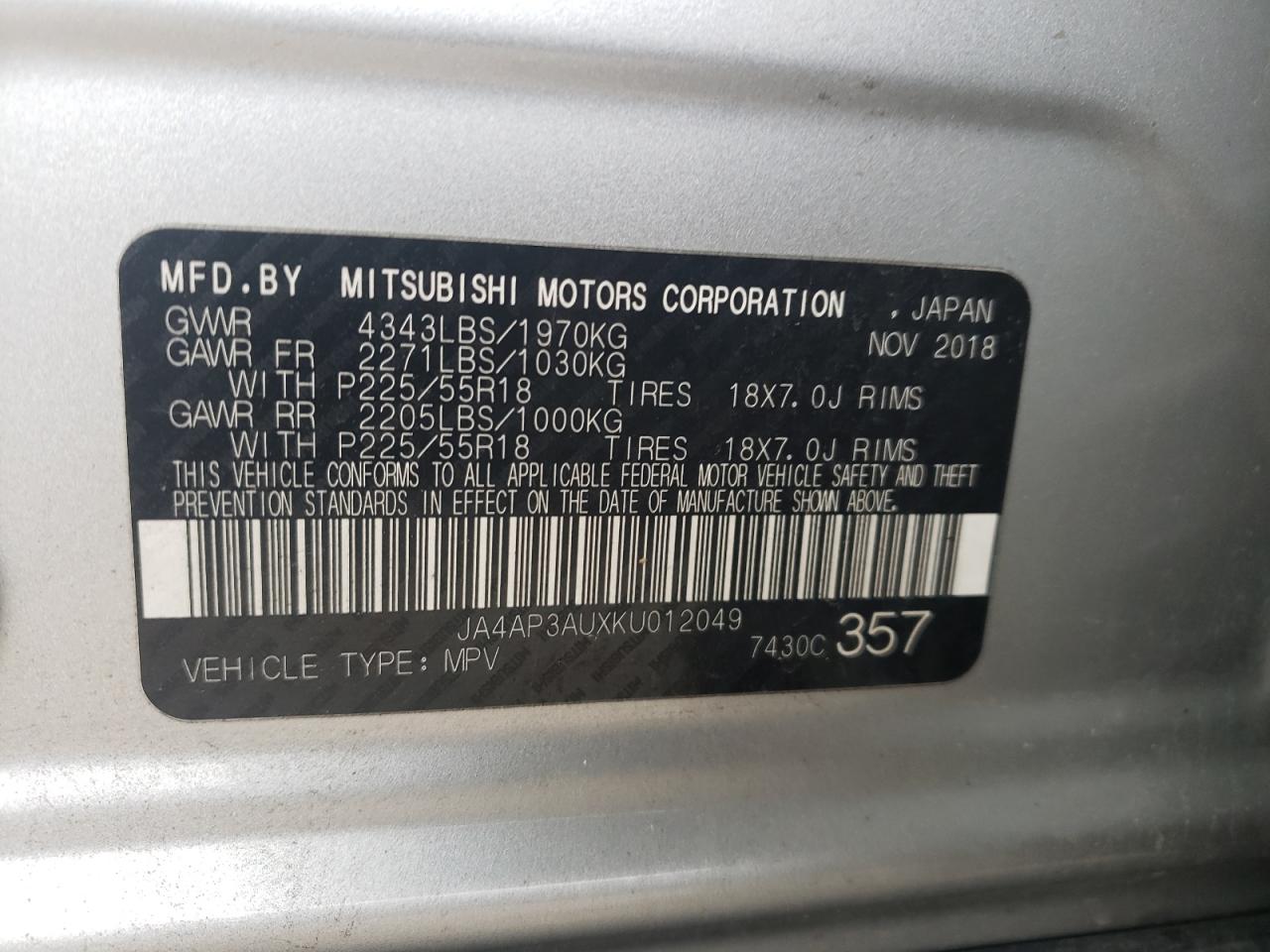 2019 Mitsubishi Outlander Sport Es VIN: JA4AP3AUXKU012049 Lot: 86784234