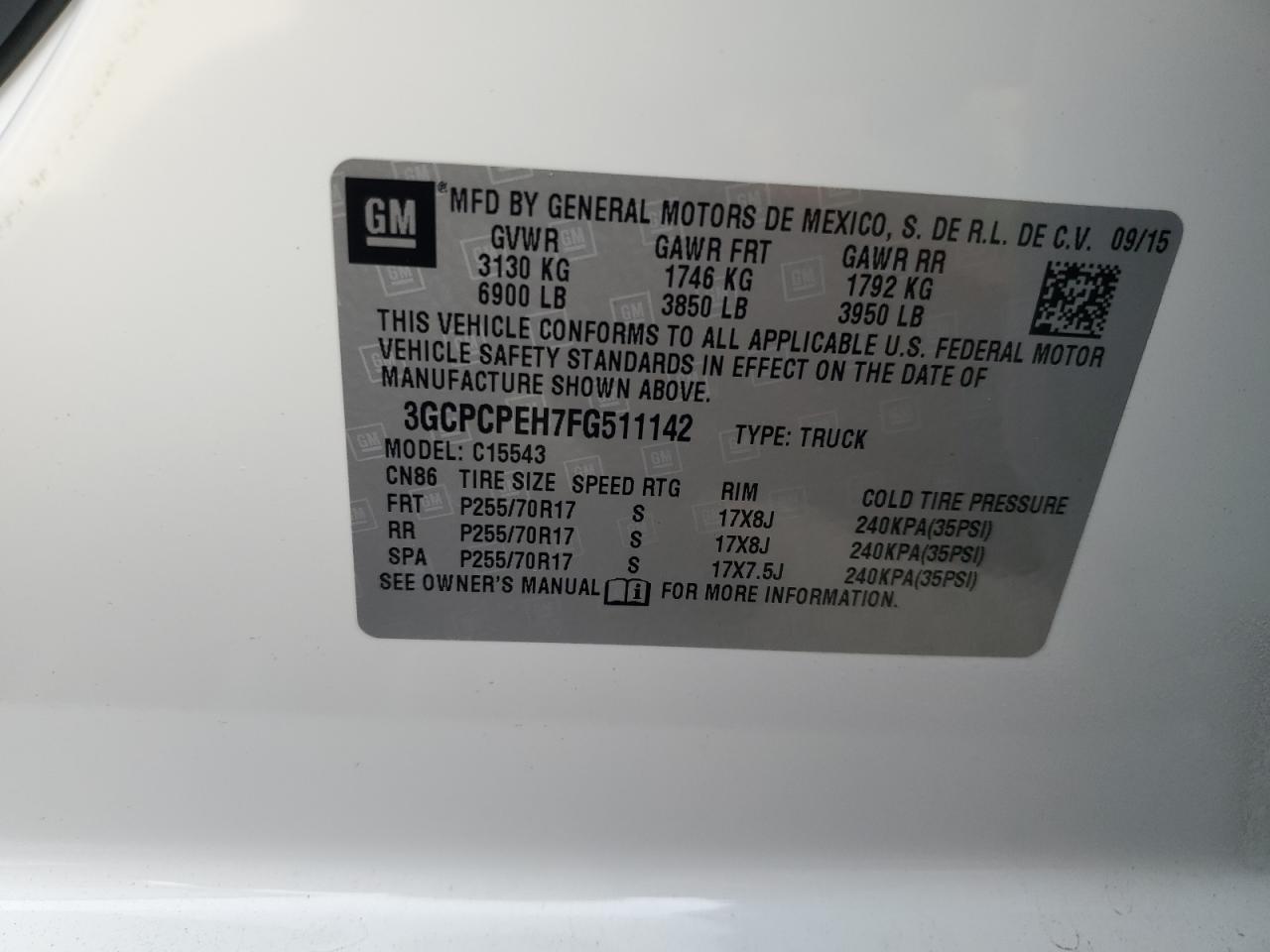 VIN 3GCPCPEH7FG511142 2015 CHEVROLET ALL Models no.12