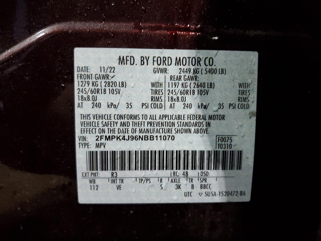 VIN 2FMPK4J96NBB11070 2022 FORD EDGE no.13