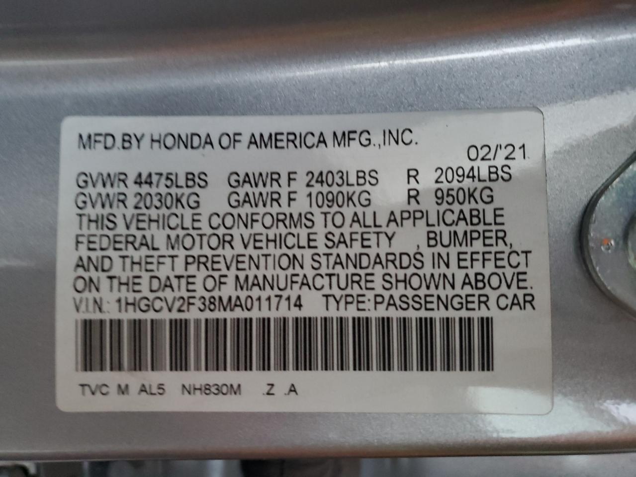 2021 Honda Accord Sport VIN: 011714 Lot: 88760695