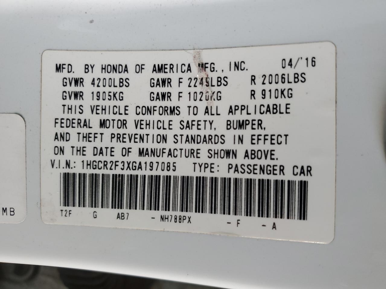 VIN 1HGCR2F3XGA197085 2016 HONDA ACCORD no.12