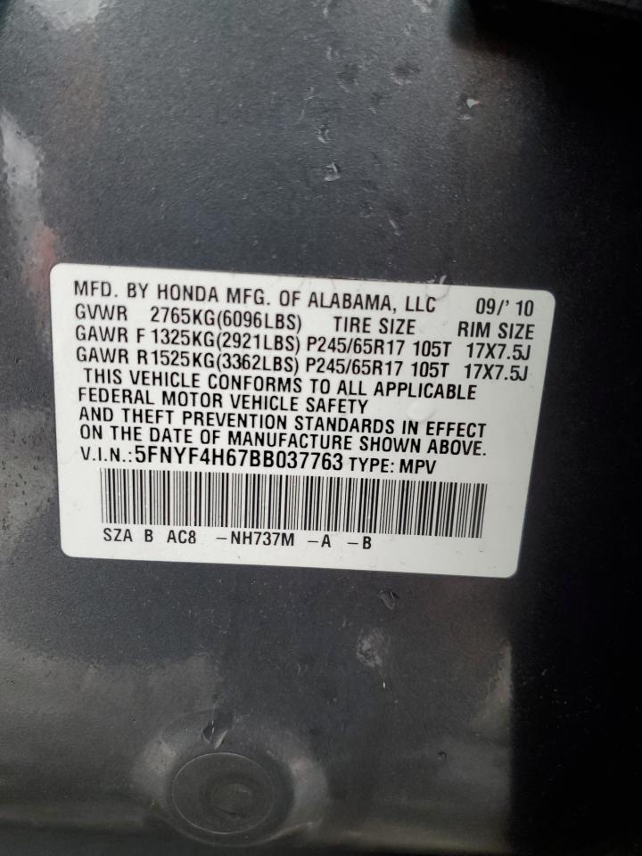 2011 Honda Pilot Exl VIN: 5FNYF4H67BB037763 Lot: 86583754