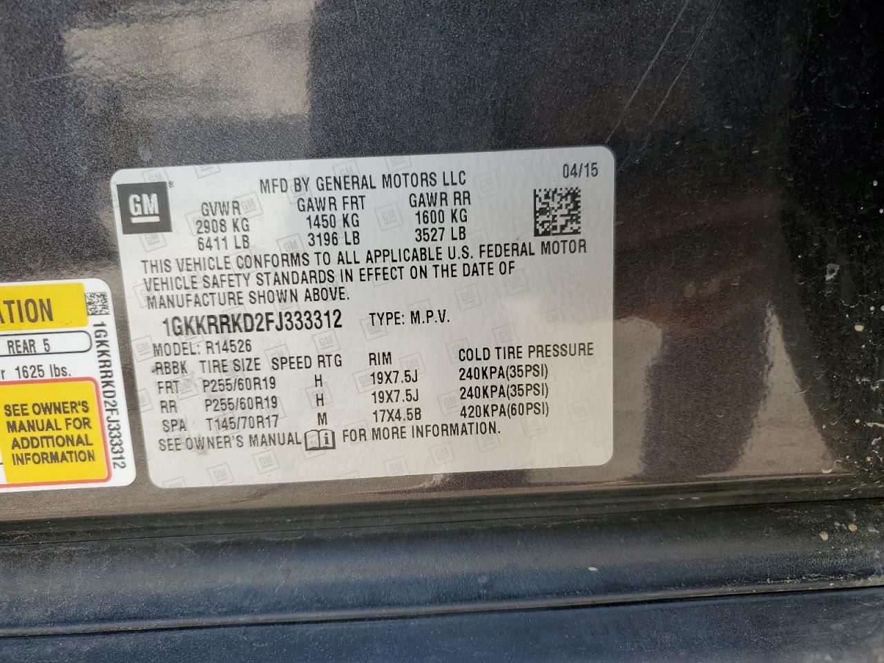 2015 GMC Acadia Slt-1 VIN: 1GKKRRKD2FJ333312 Lot: 83879364