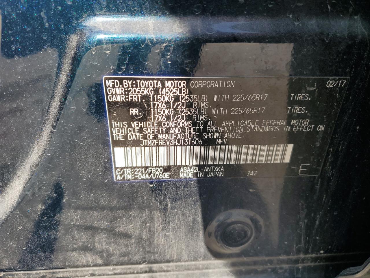 2017 Toyota Rav4 Le VIN: JTMZFREV3HJ131606 Lot: 85660094