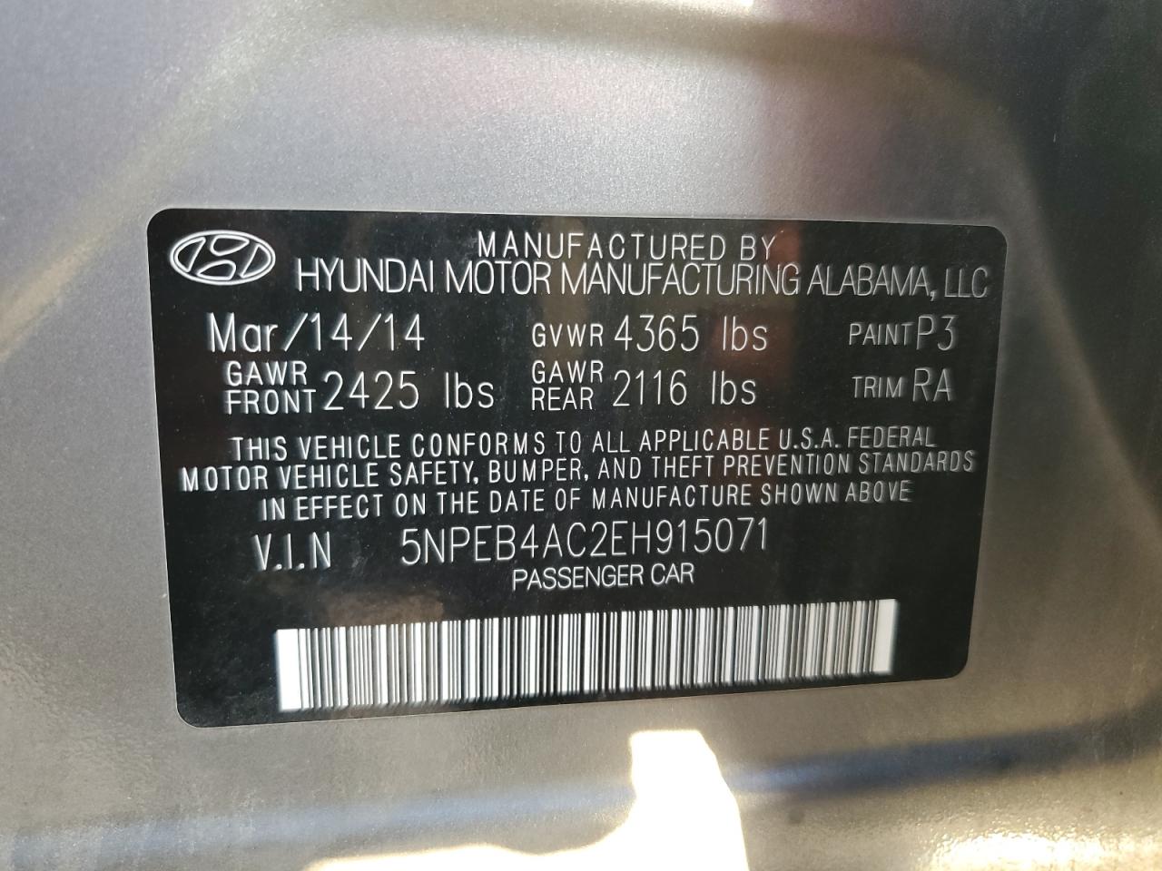 VIN 5NPEB4AC2EH915071 2014 HYUNDAI SONATA no.12