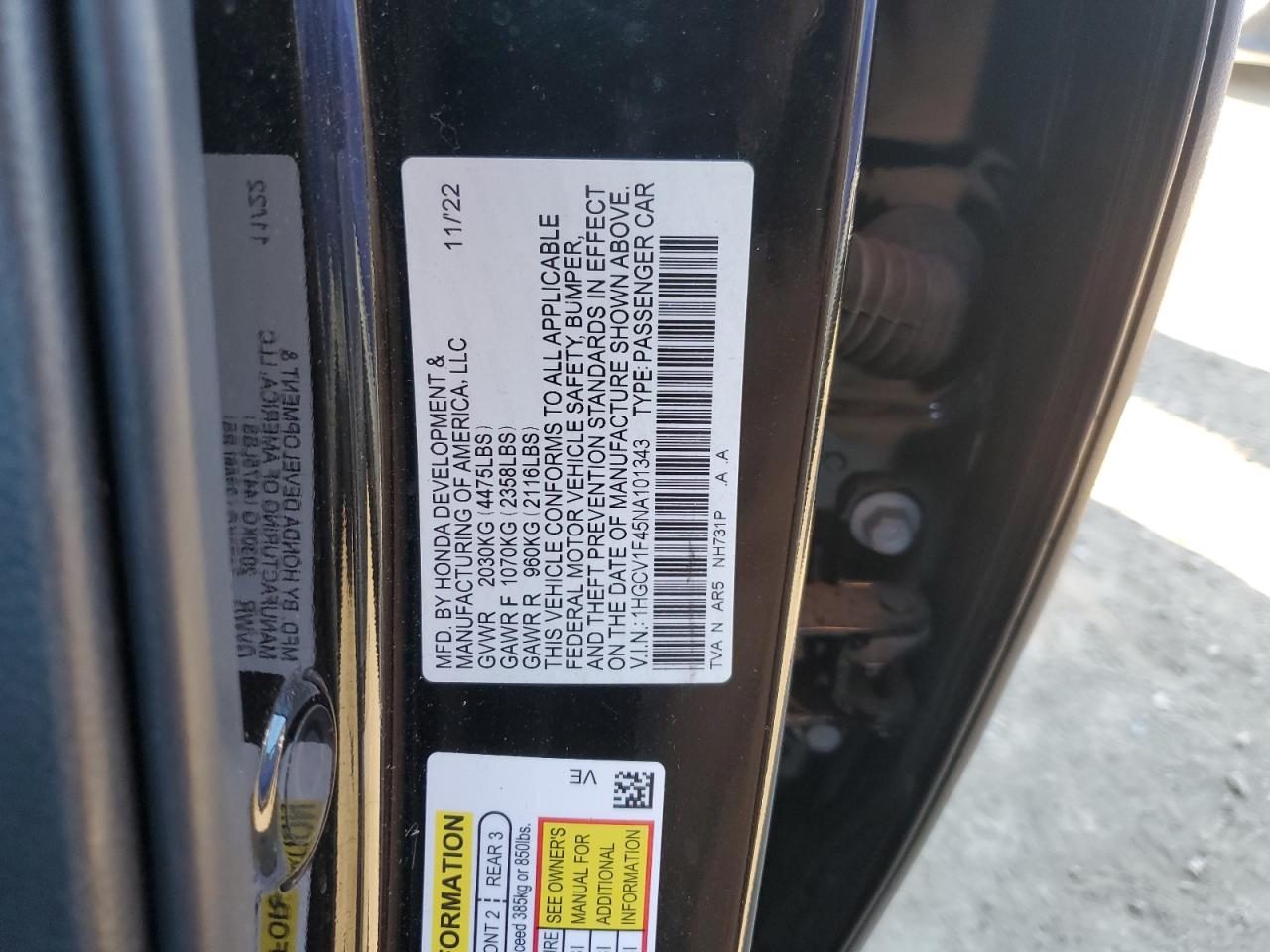 VIN 1HGCV1F45NA101343 2022 HONDA ACCORD no.12