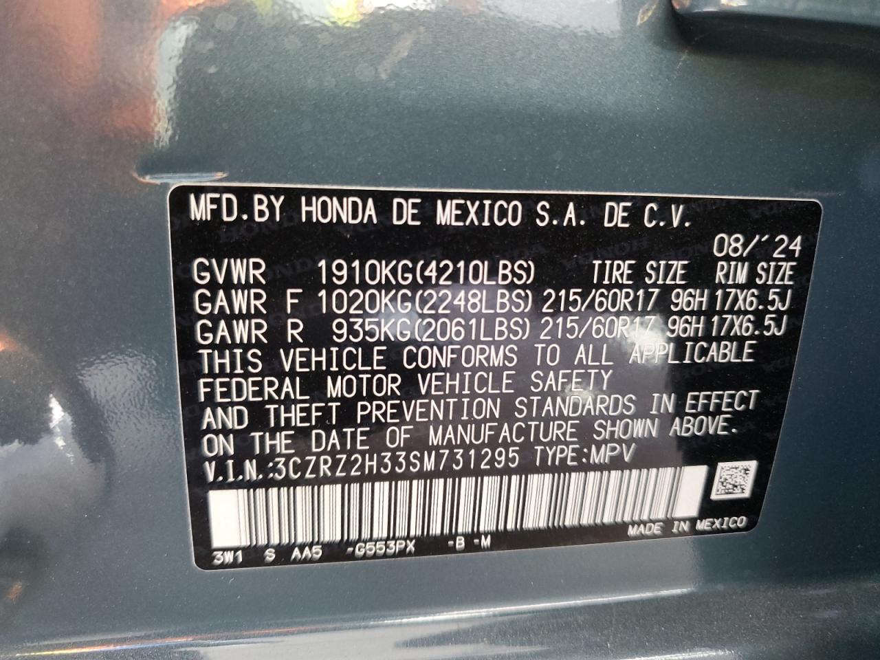 VIN 3CZRZ2H33SM731295 2025 HONDA HR-V no.13