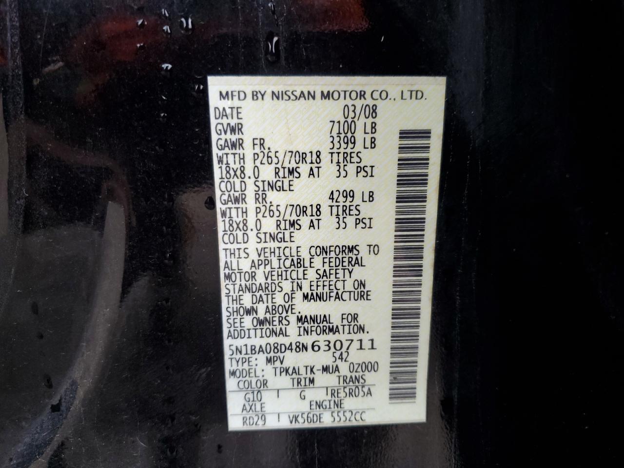 2008 Nissan Armada Se VIN: 5N1BA08D48N630711 Lot: 84930384