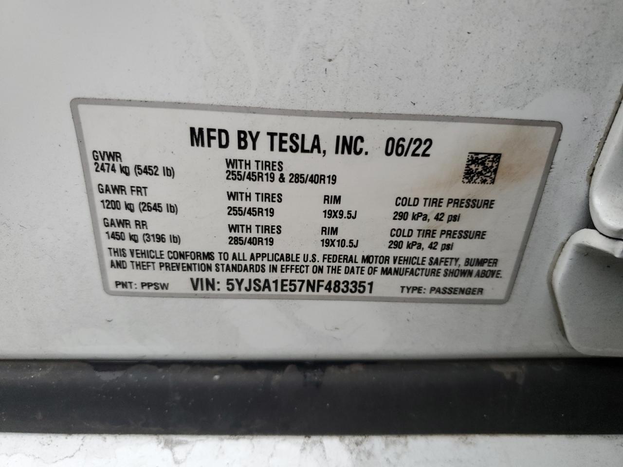 2022 Tesla Model S VIN: 5YJSA1E57NF483351 Lot: 84027354