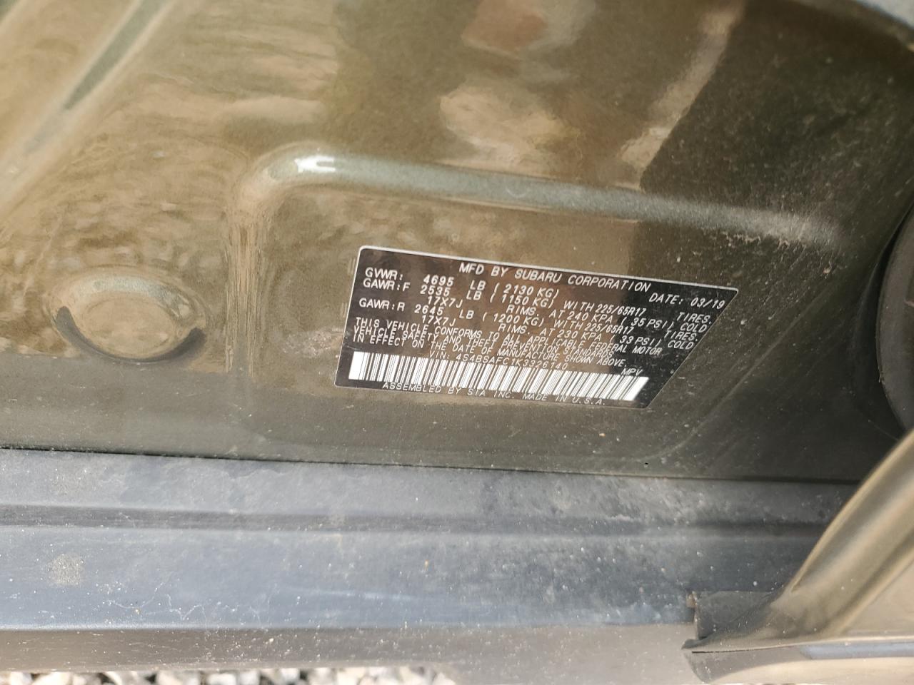 2019 Subaru Outback 2.5I Premium VIN: 4S4BSAFC1K3326140 Lot: 81186874