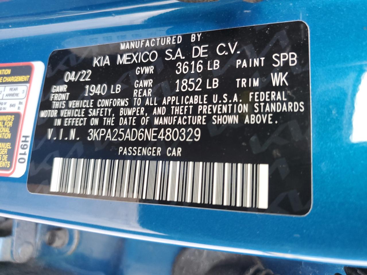 2022 Kia Rio S VIN: 3KPA25AD6NE480329 Lot: 84655664