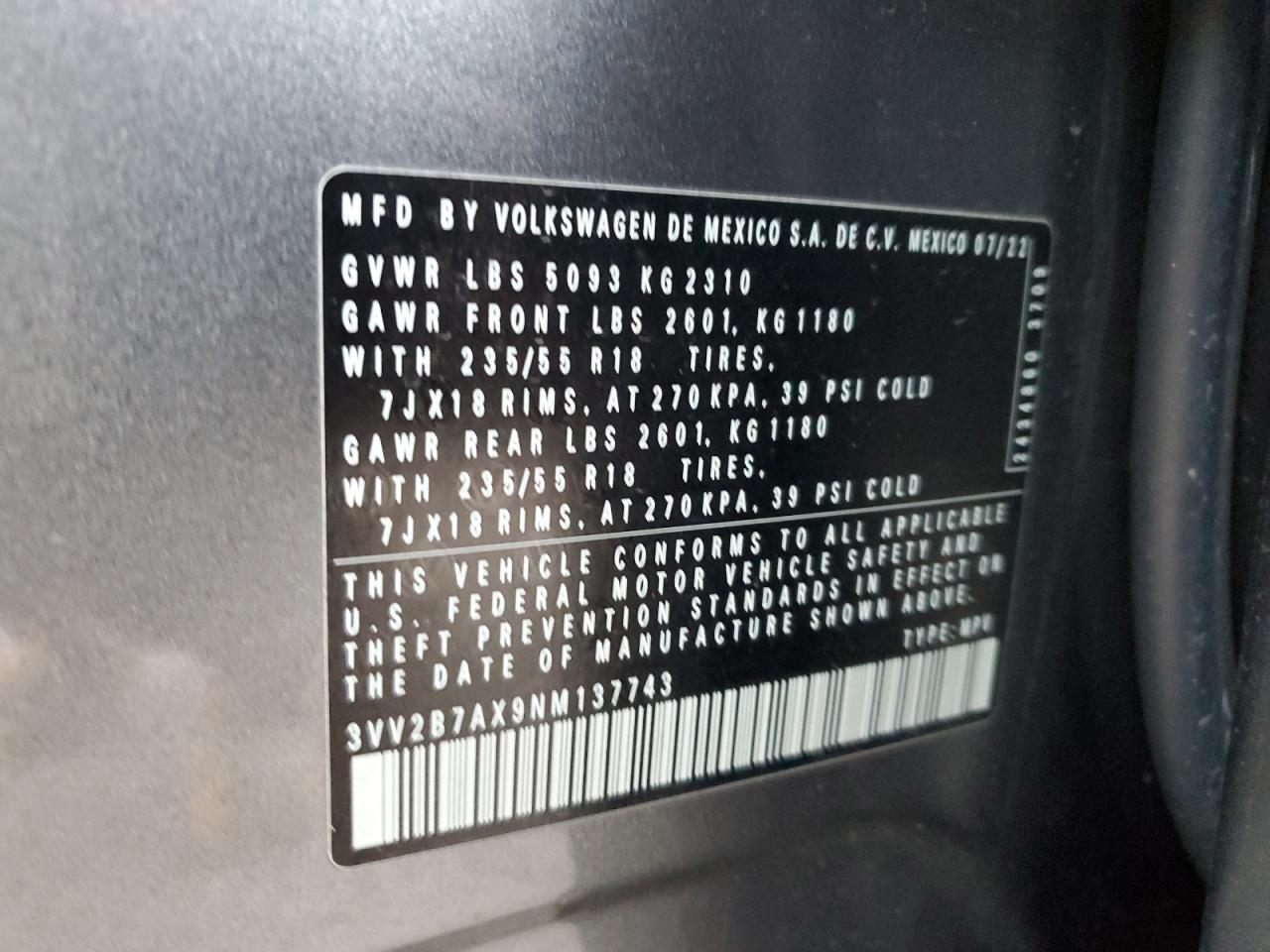 2022 Volkswagen Tiguan Se VIN: 3VV2B7AX9NM137743 Lot: 83985974