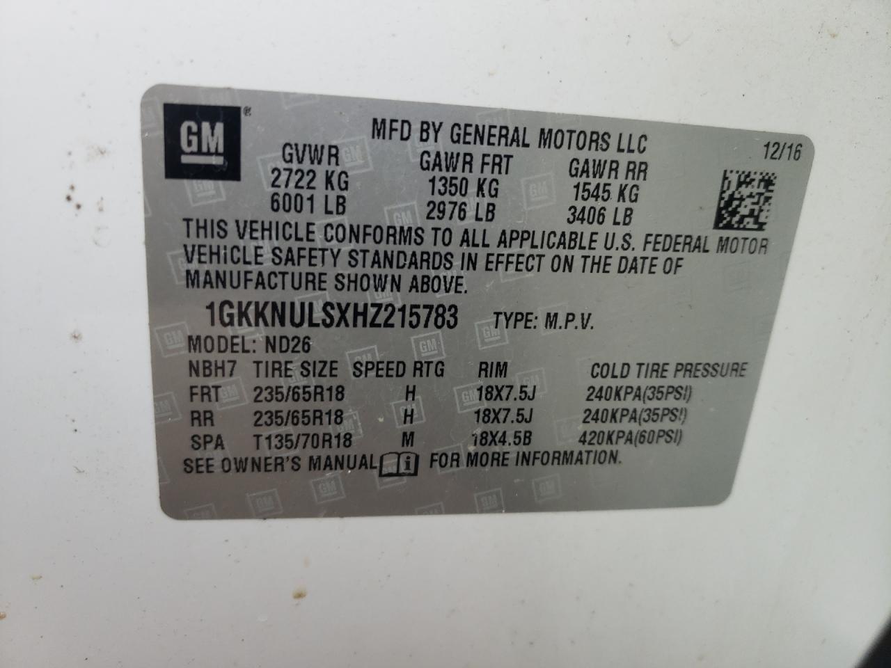 VIN 1GKKNULSXHZ215783 2017 GMC ACADIA no.13