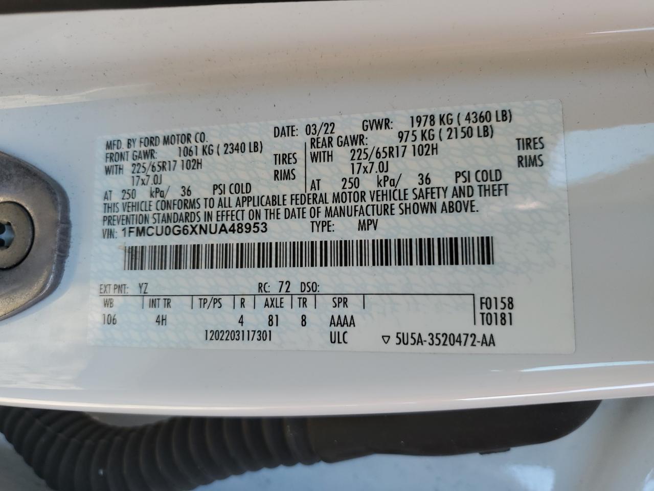 2022 Ford Escape Se VIN: 1FMCU0G6XNUA48953 Lot: 82969874