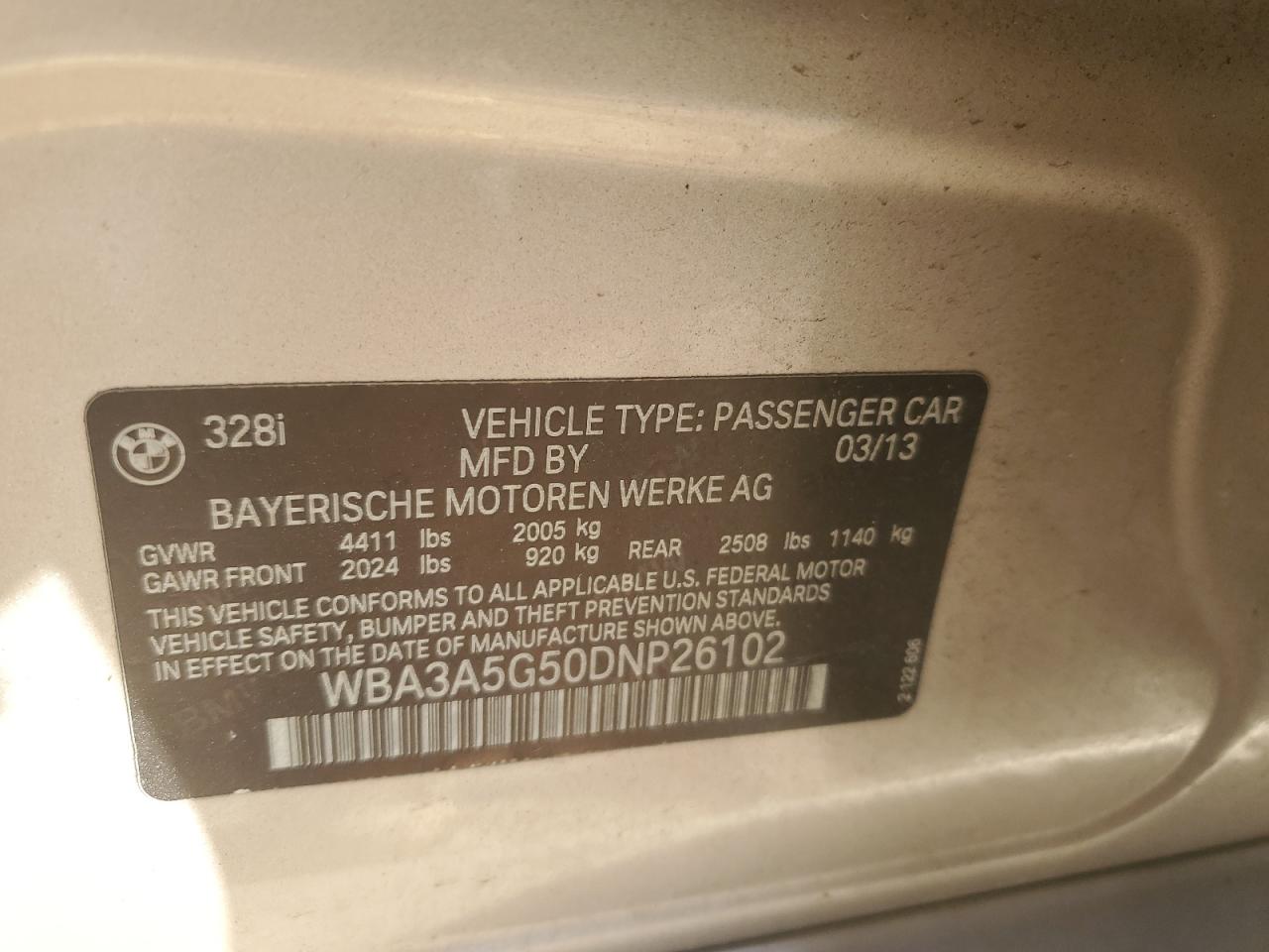 VIN WBA3A5G50DNP26102 2013 BMW 3 SERIES no.12