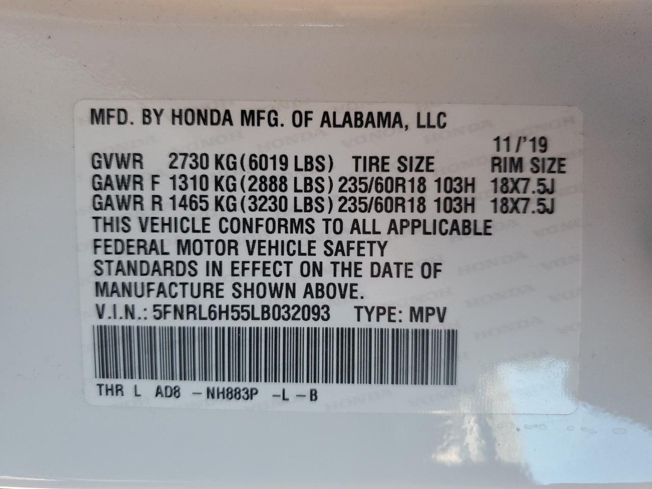 VIN 5FNRL6H55LB032093 2020 HONDA All Models no.13