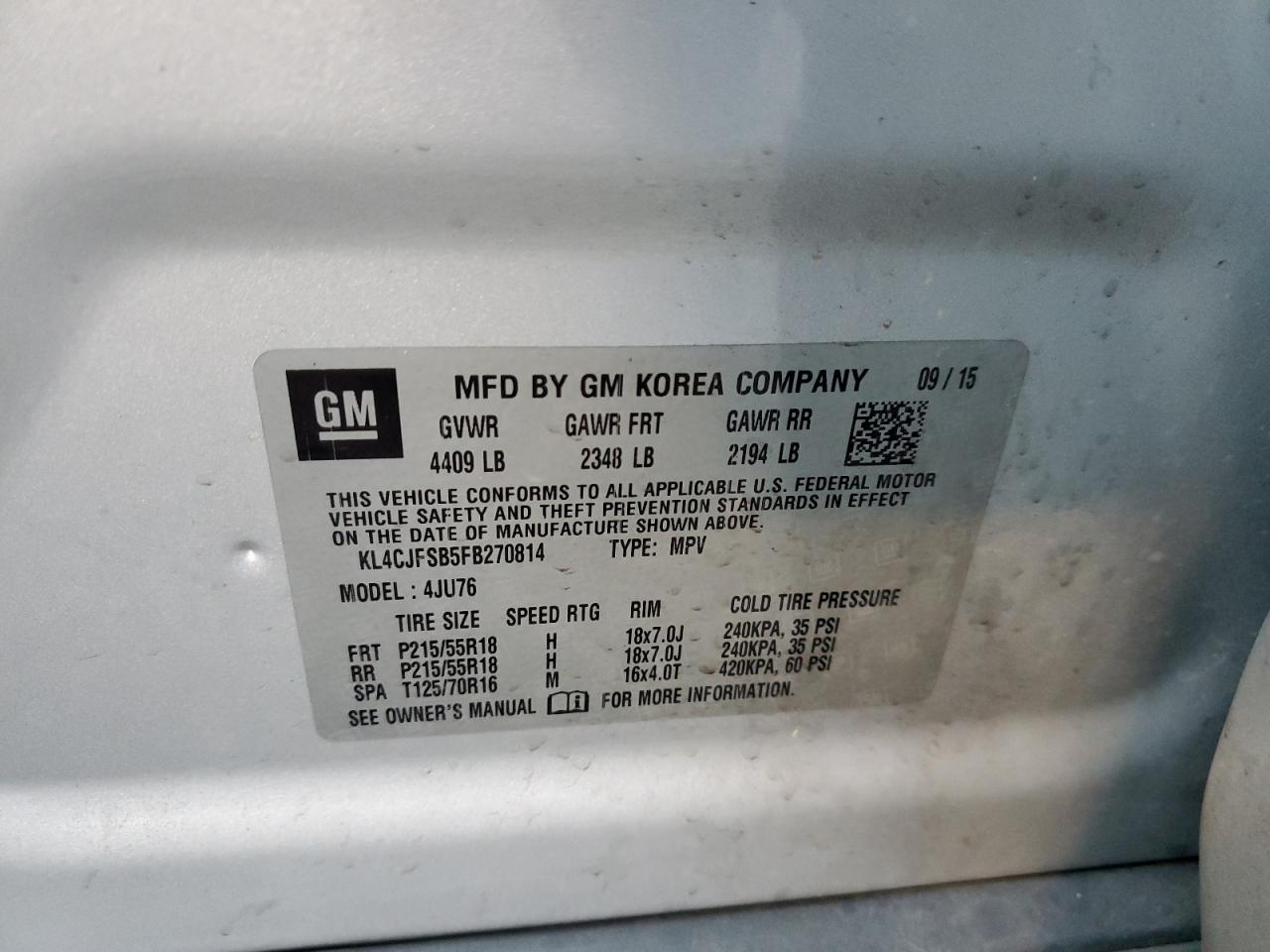 2015 Buick Encore Convenience VIN: KL4CJFSB5FB270814 Lot: 85715834