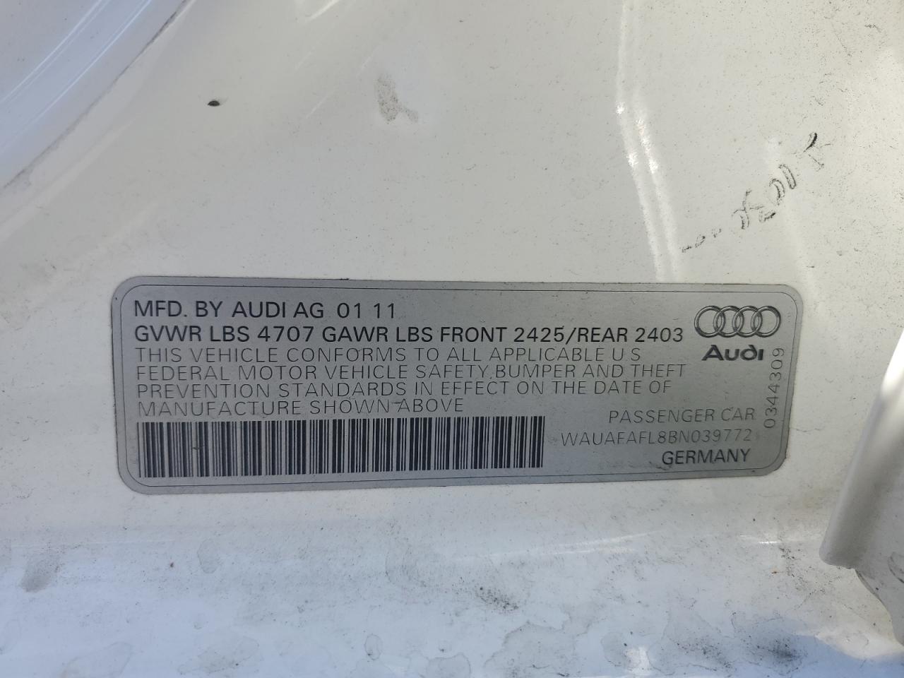2011 Audi A4 Premium VIN: WAUAFAFL8BN039772 Lot: 87051994