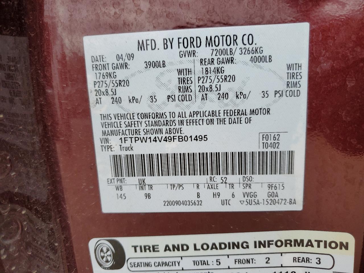 2009 Ford F150 Supercrew VIN: 1FTPW14V49FB01495 Lot: 84690384