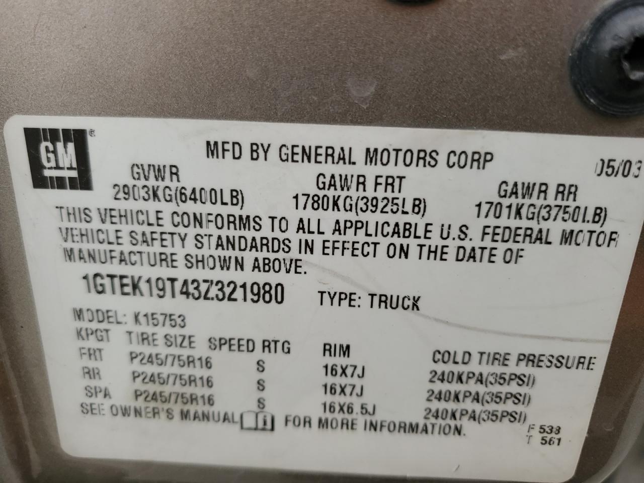 2003 GMC New Sierra K1500 VIN: 1GTEK19T43Z321980 Lot: 86870054