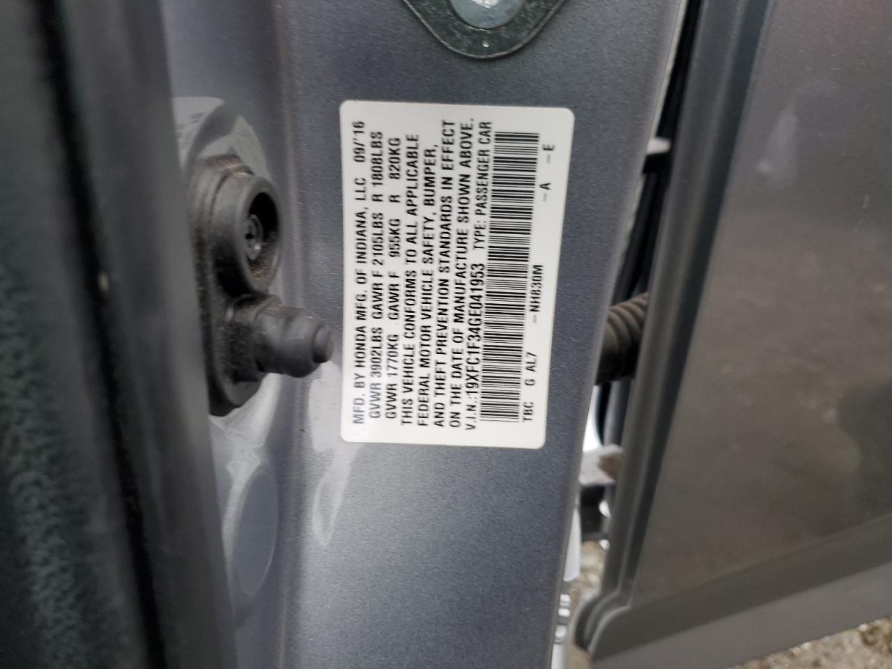 19XFC1F34GE041953 HONDA CIVIC 2016