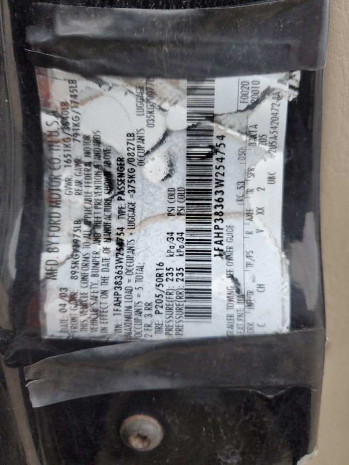 2003 Ford Focus Zts VIN: 1FAHP38363W254754 Lot: 86974674