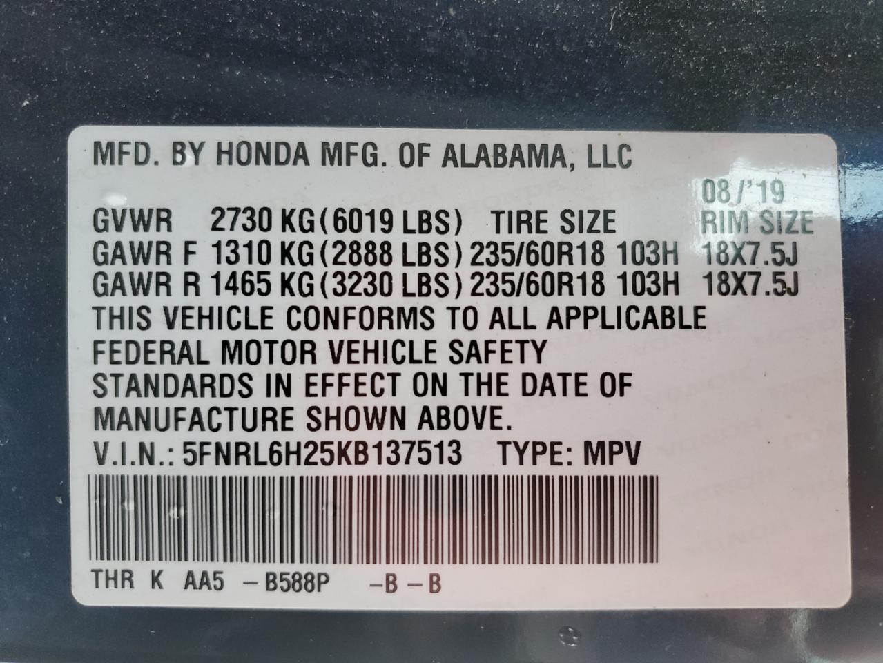 VIN 5FNRL6H25KB137513 2019 HONDA All Models no.13