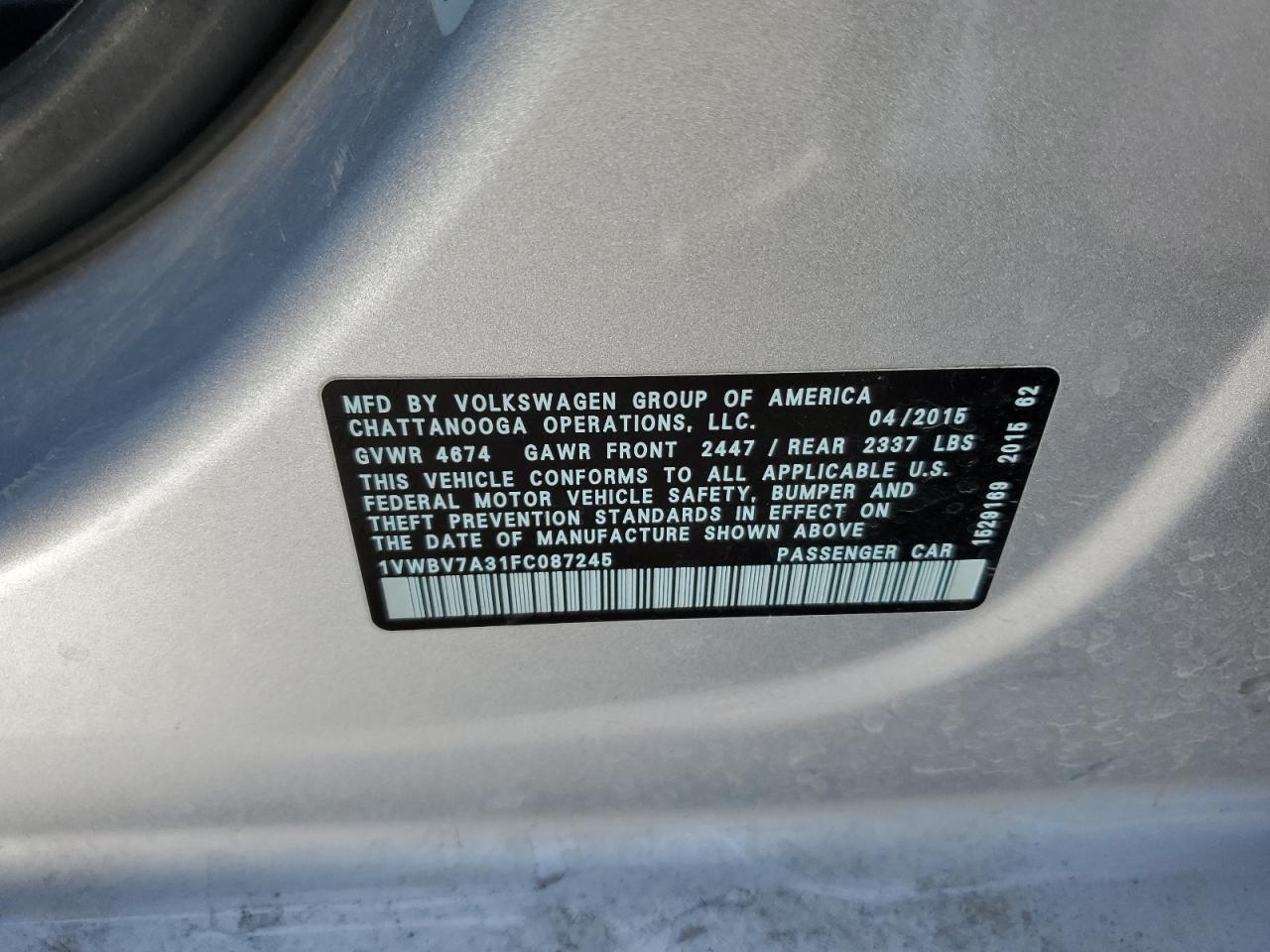 2015 Volkswagen Passat Se VIN: 1VWBV7A31FC087245 Lot: 84876784