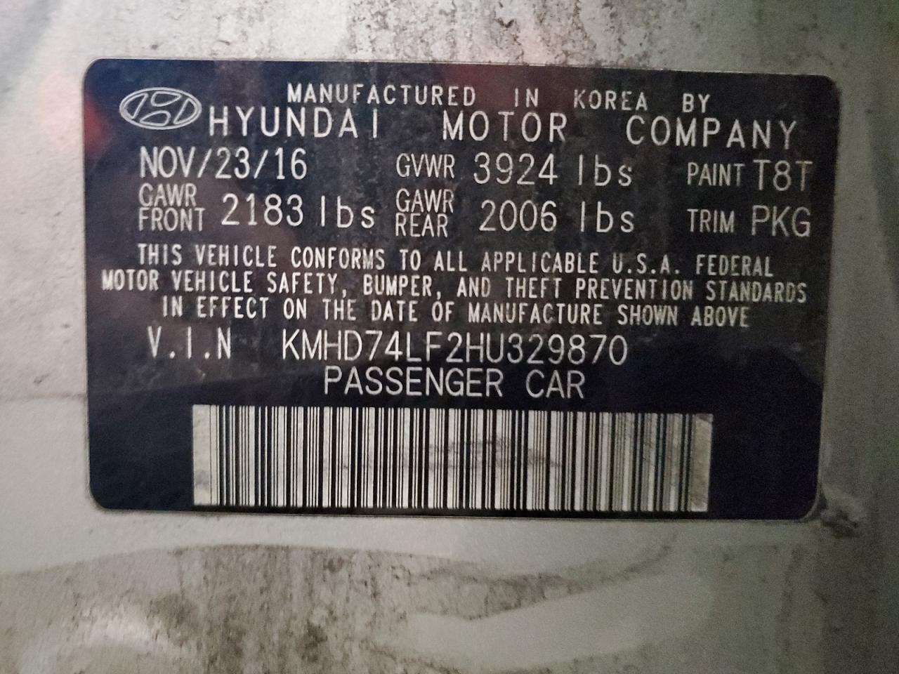 VIN KMHD74LF2HU329870 2017 HYUNDAI ELANTRA no.12