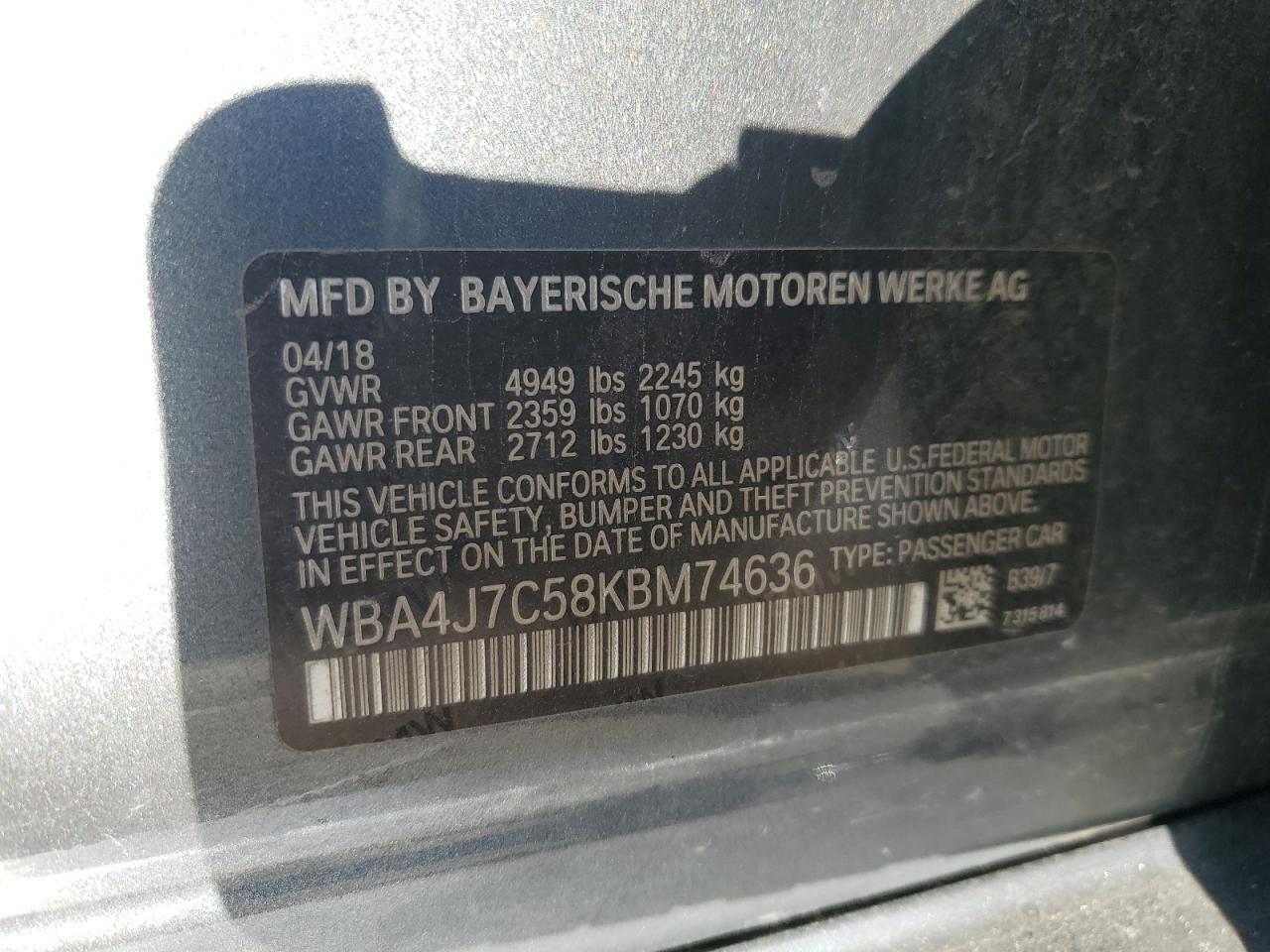 VIN WBA4J7C58KBM74636 2019 BMW 4 SERIES no.12