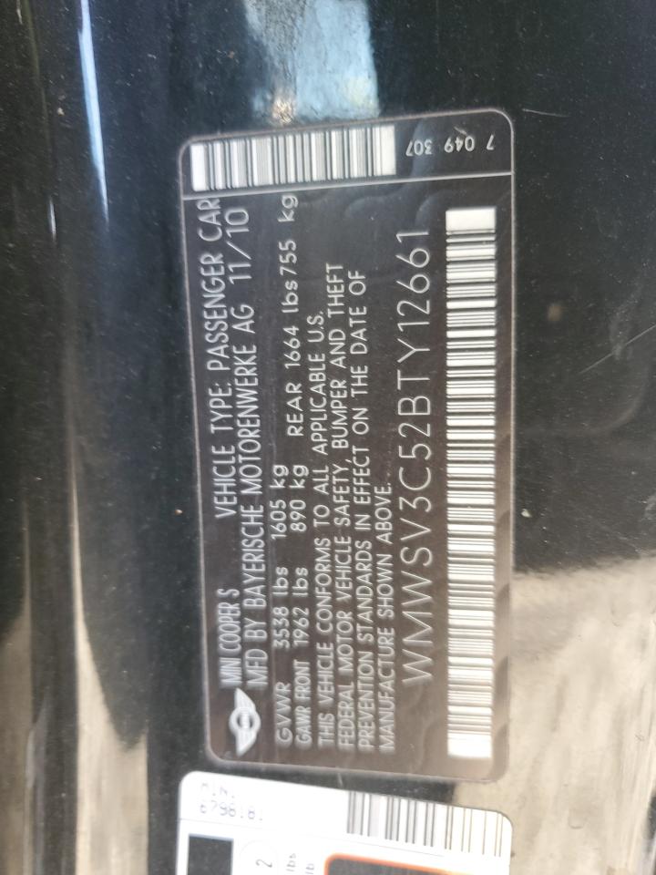 2011 Mini Cooper S VIN: WMWSV3C52BTY12661 Lot: 84535934
