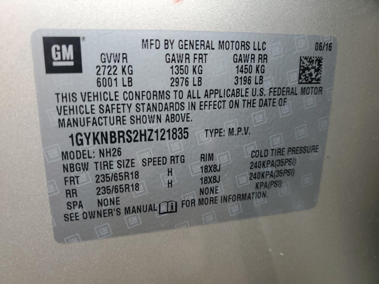 VIN 1GYKNBRS2HZ121835 2017 CADILLAC XT5 no.14