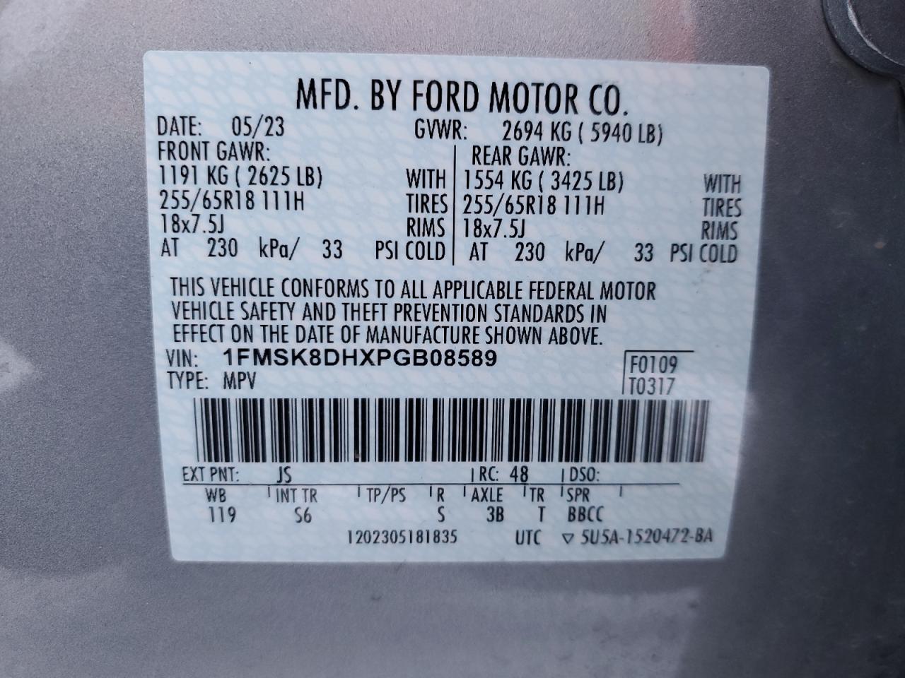 VIN 1FMSK8DHXPGB08589 2023 FORD EXPLORER no.13