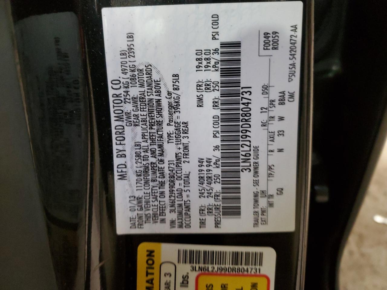 2013 Lincoln Mkz VIN: 3LN6L2J99DR804731 Lot: 83016294