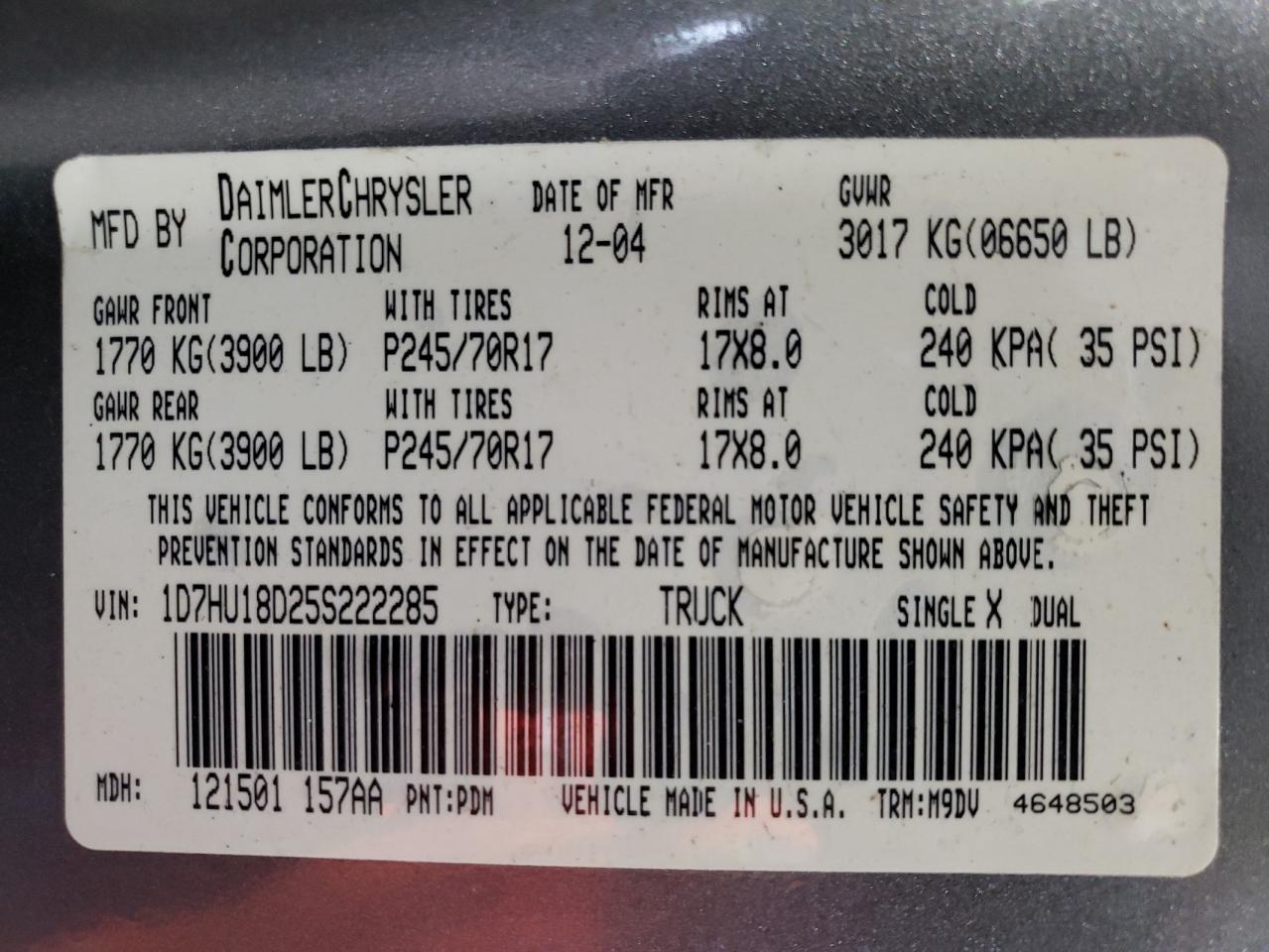 2005 Dodge Ram 1500 St VIN: 1D7HU18D25S222285 Lot: 86041204