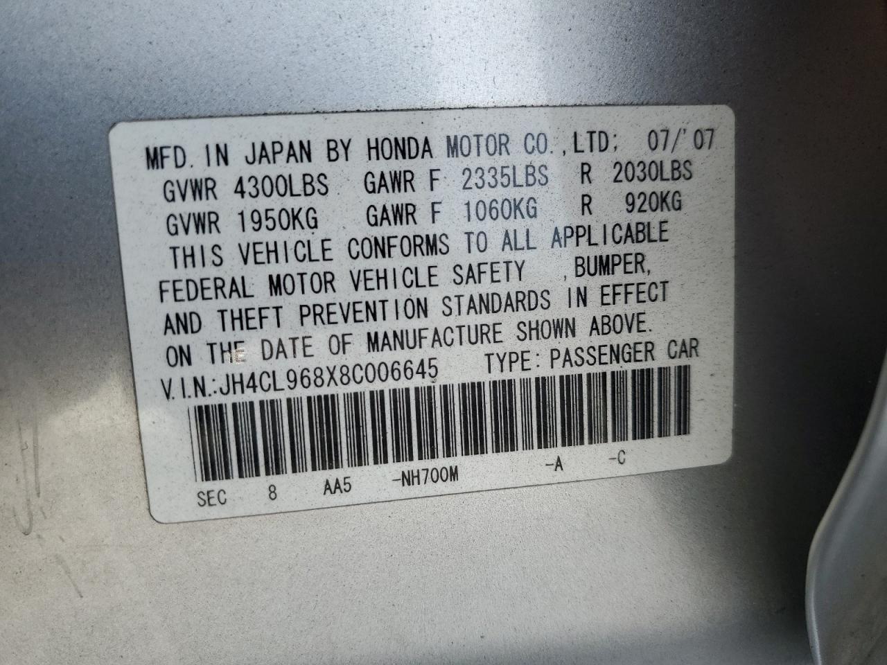 2008 Acura Tsx VIN: JH4CL968X8C006645 Lot: 85594224