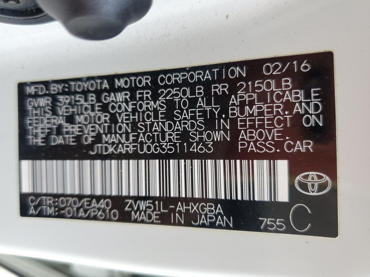 2016 Toyota Prius VIN: JTDKARFU0G3511463 Lot: 86334334