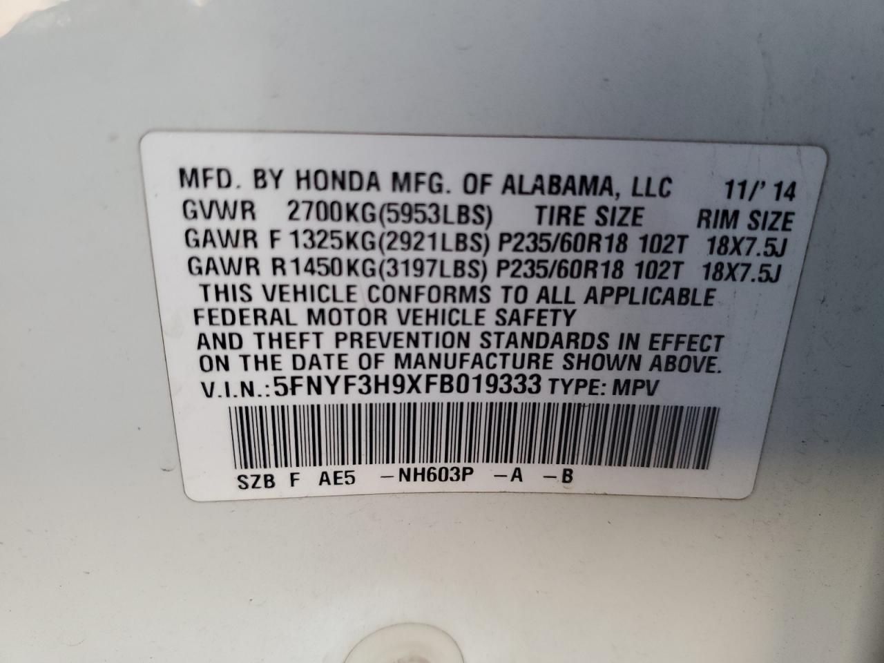 VIN 5FNYF3H9XFB019333 2015 HONDA PILOT no.13