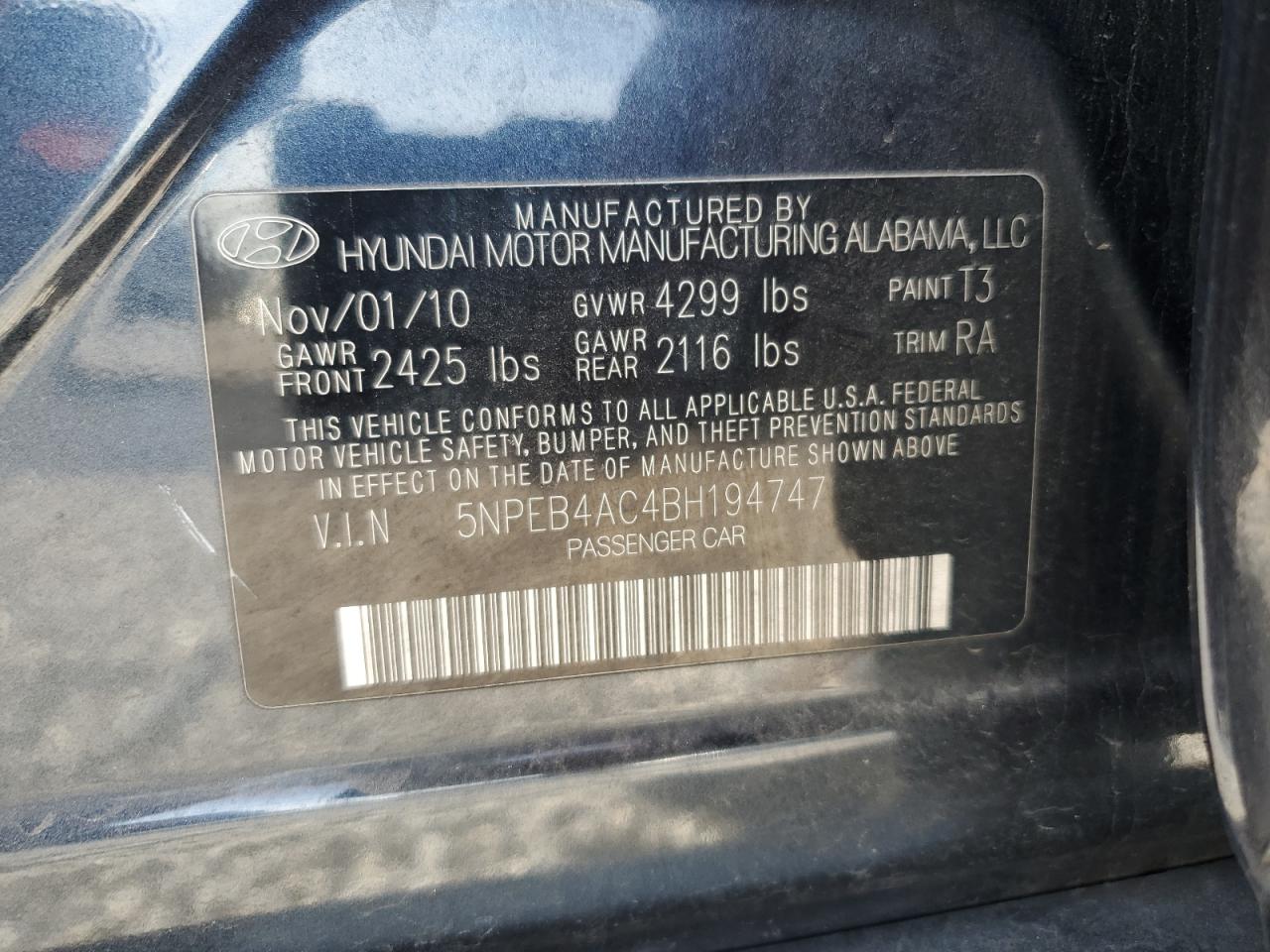 2011 Hyundai Sonata Gls VIN: 5NPEB4AC4BH194747 Lot: 84665204