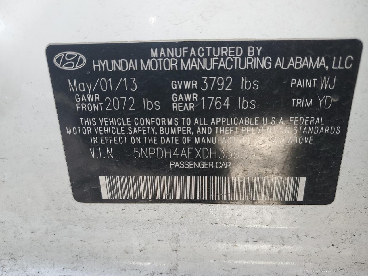 VIN 5NPDH4AEXDH339353 2013 HYUNDAI ELANTRA no.13