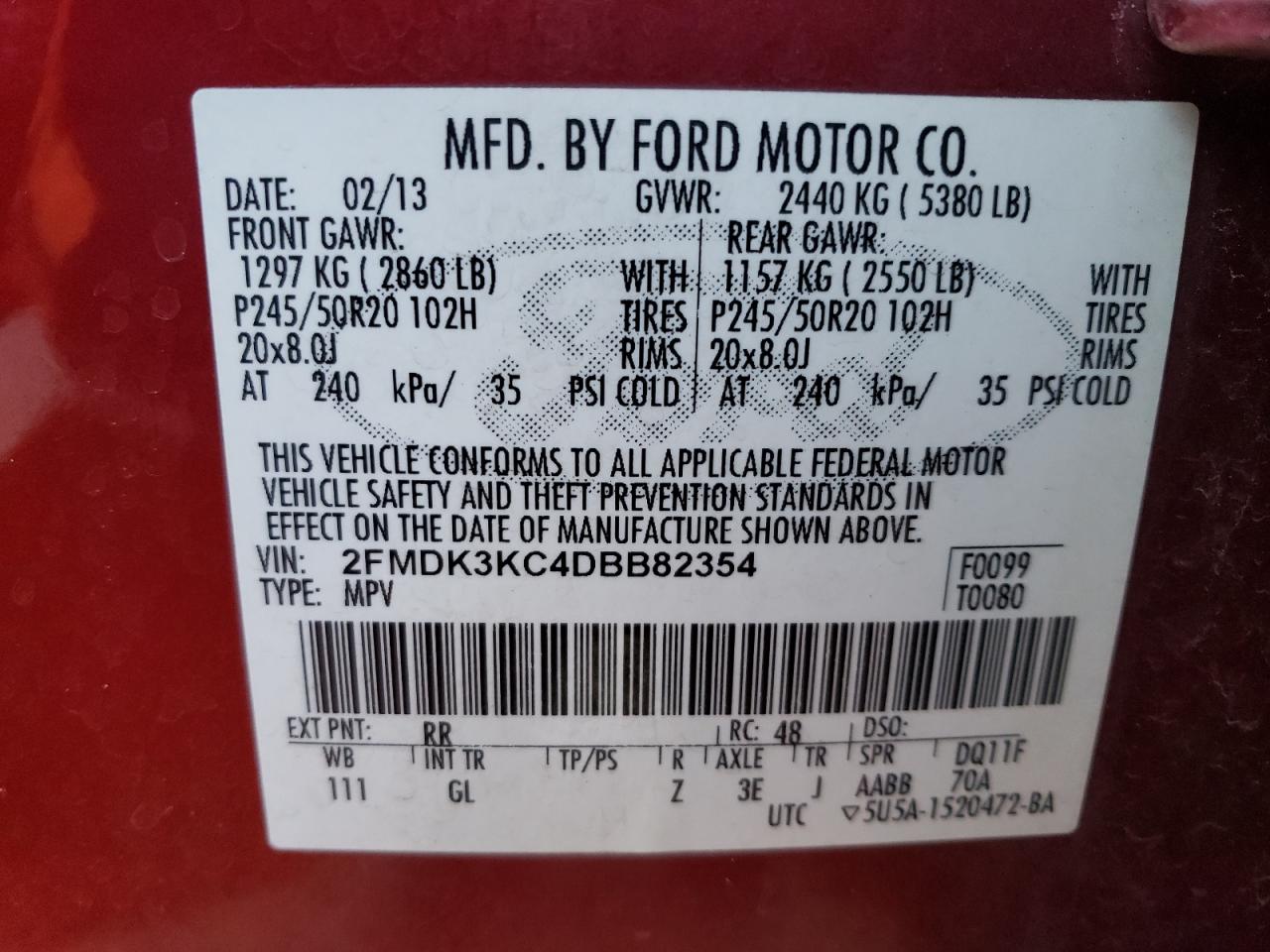 VIN 2FMDK3KC4DBB82354 2013 FORD EDGE no.13