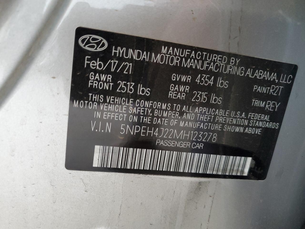 VIN 5NPEH4J22MH123278 2021 HYUNDAI SONATA no.12