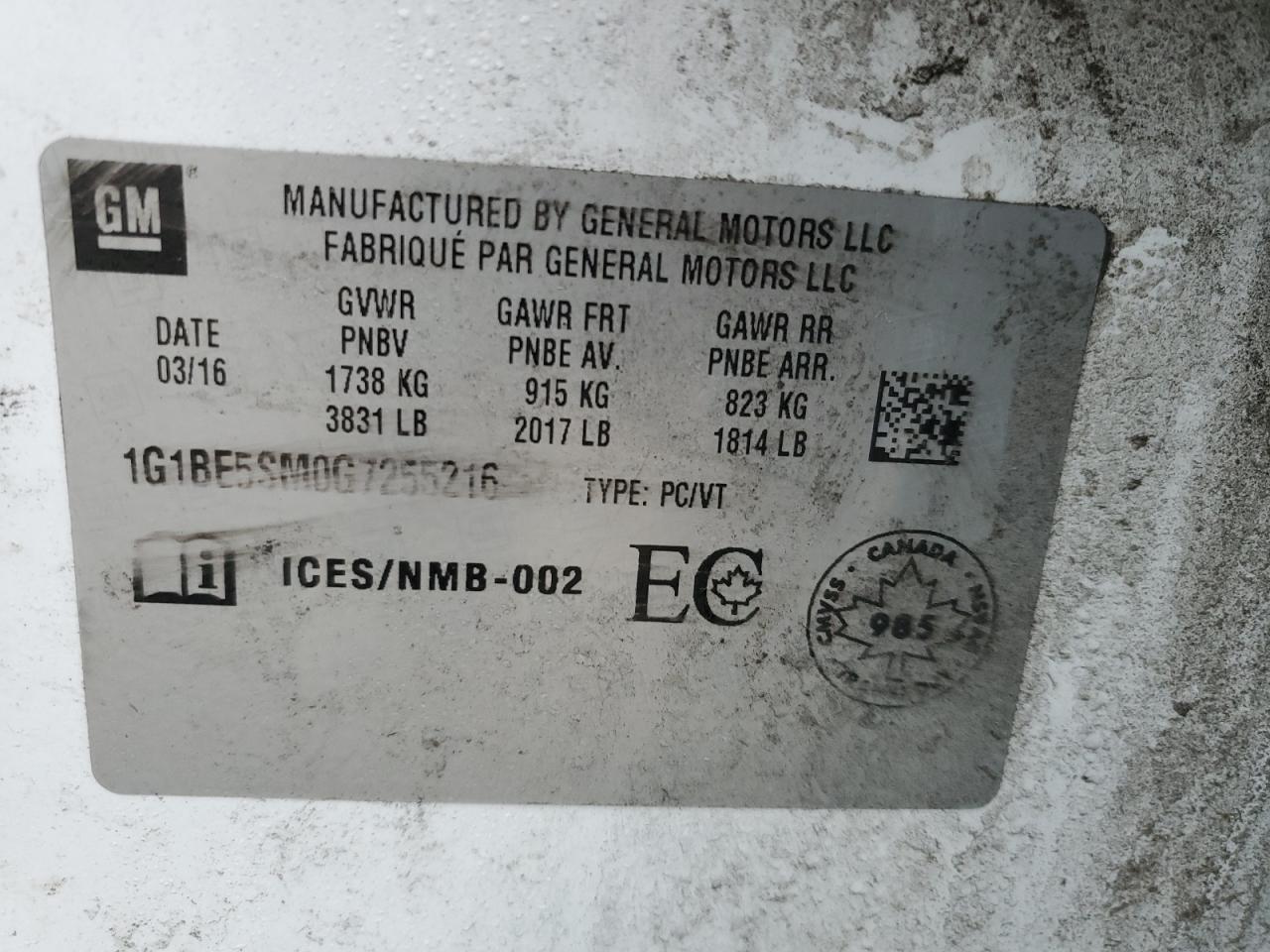 2016 Chevrolet Cruze Lt VIN: 1G1BE5SM0G7255216 Lot: 84458054